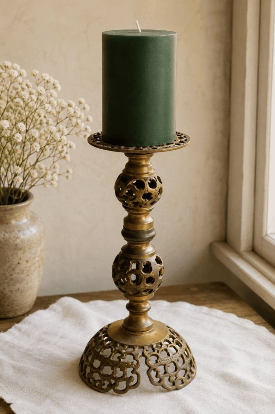 Vintage Brass Filigree Candlestick Holder | Pierced Openwork Victorian Revival D